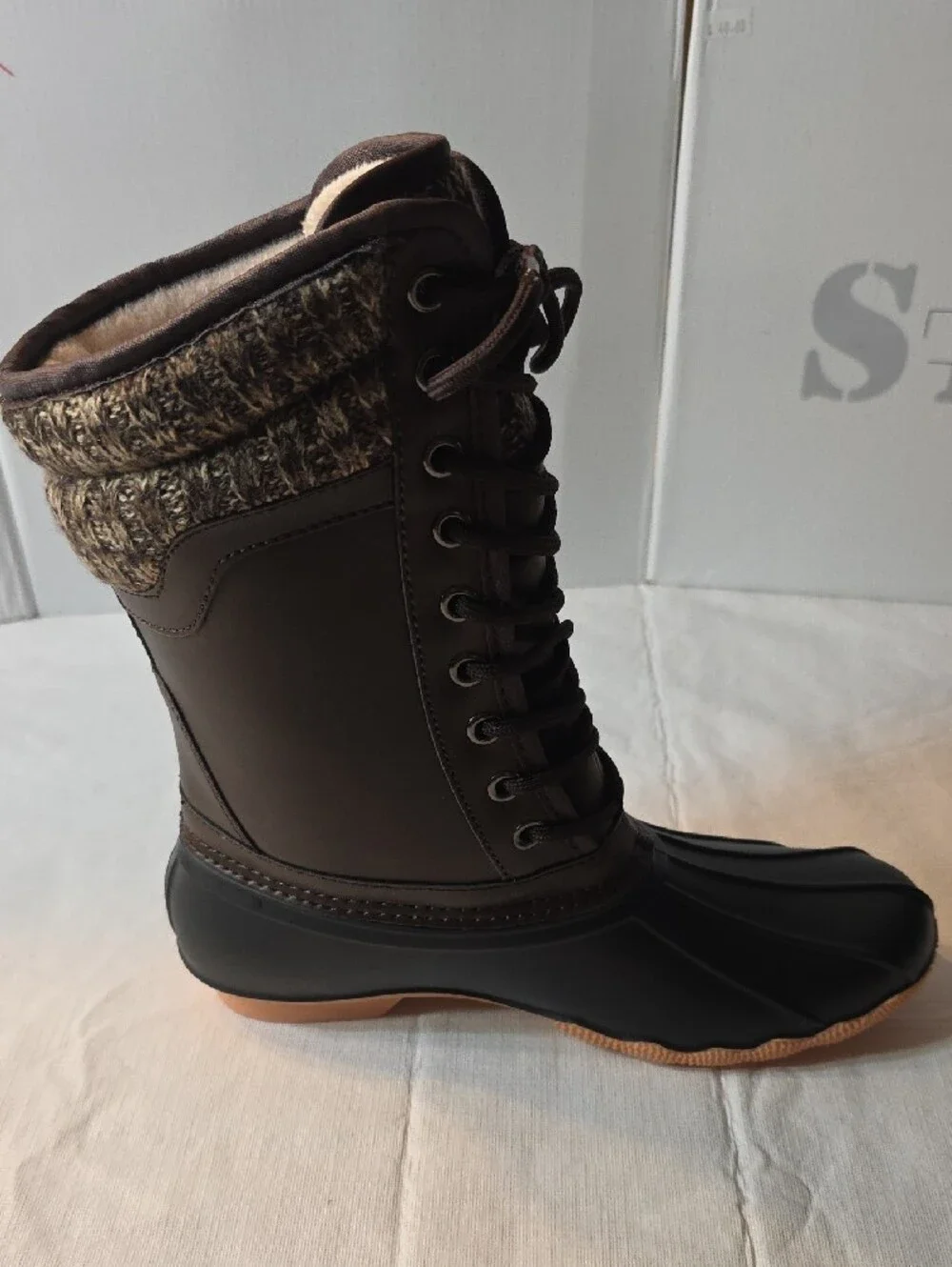 Women's Two-Tone Brown and Black Lace-Up Winter Rain Boots